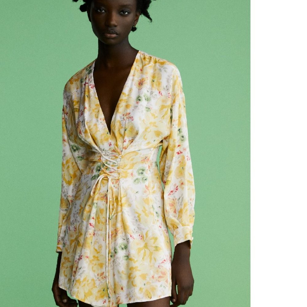 NWOT Zara Yellow Floral Print Corset Dress Size Small/Med